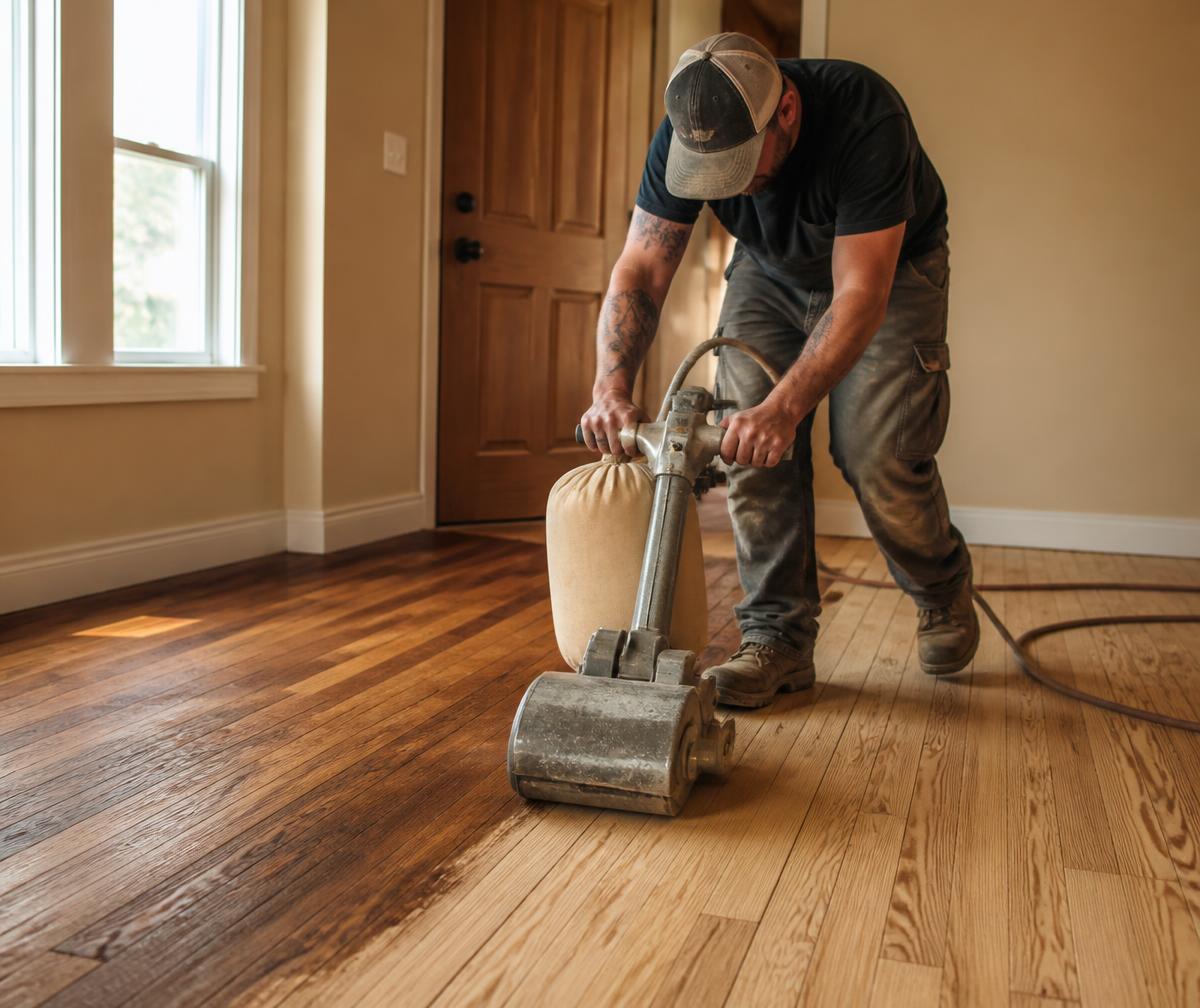 Flooring craftsman sanding a hardwood floor in a Parma home